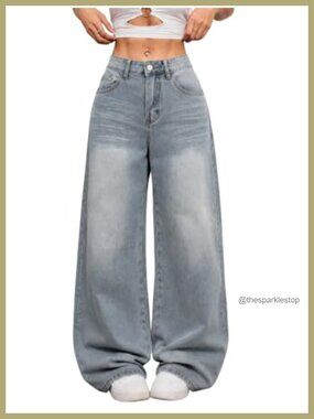 Womens Wide Leg Baggy Mid Rise Denim Jeans Comfortable Pull On